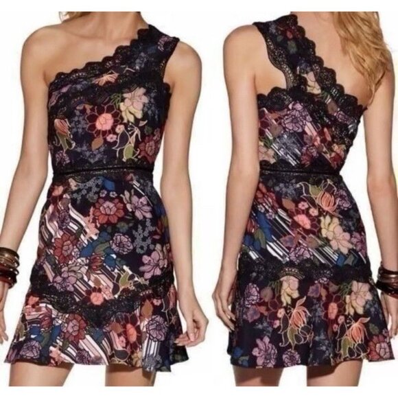 Foxiedox Boston Proper Red Black Lace Floral One Shoulder Mini Dress Size 12 - Picture 1 of 13